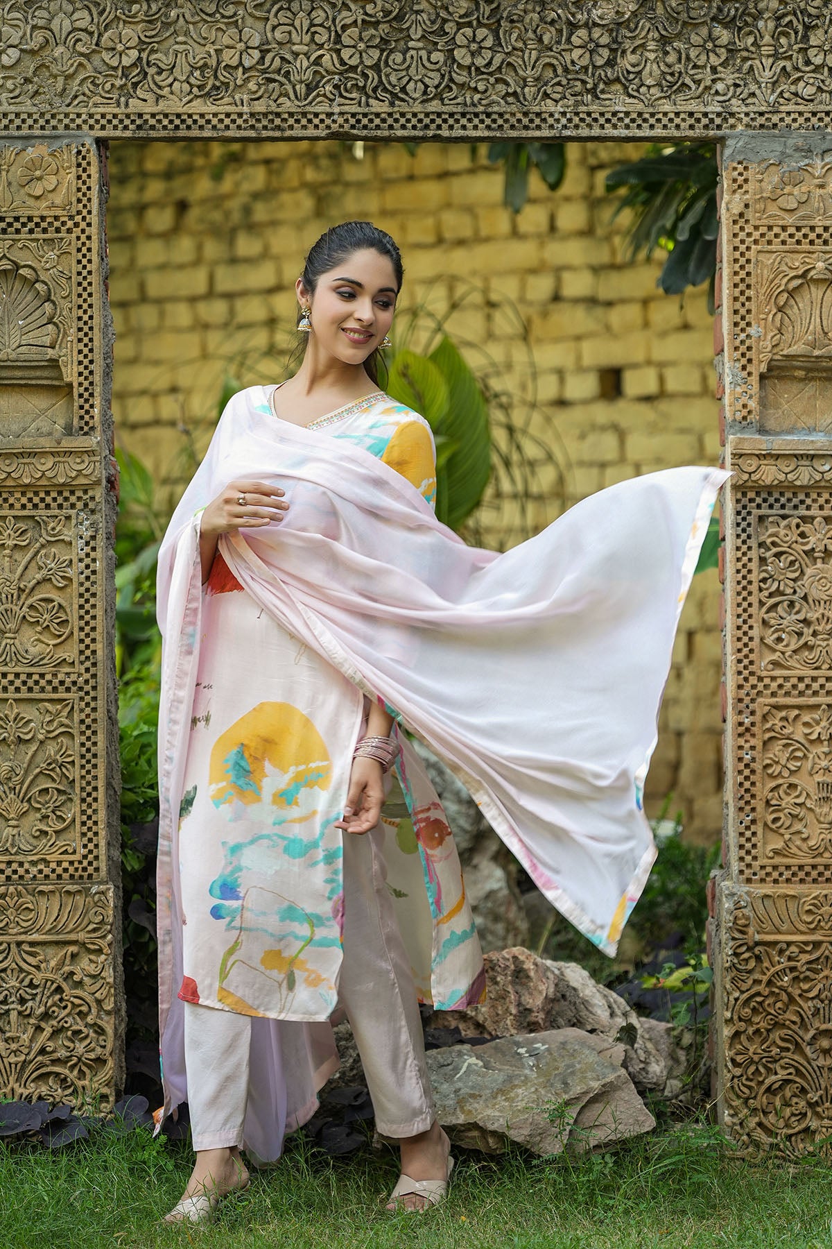Pink Muslin Printed Straight-Cut Suit Set