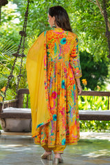 Haldi Yellow Printed Crepe Angrakha Anarkali Set