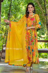 Haldi Yellow Printed Crepe Angrakha Anarkali Set