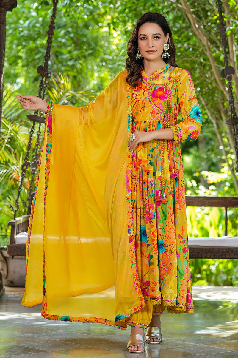 Haldi Yellow Printed Crepe Angrakha Anarkali Set