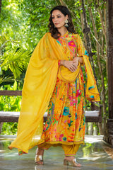 Haldi Yellow Printed Crepe Angrakha Anarkali Set