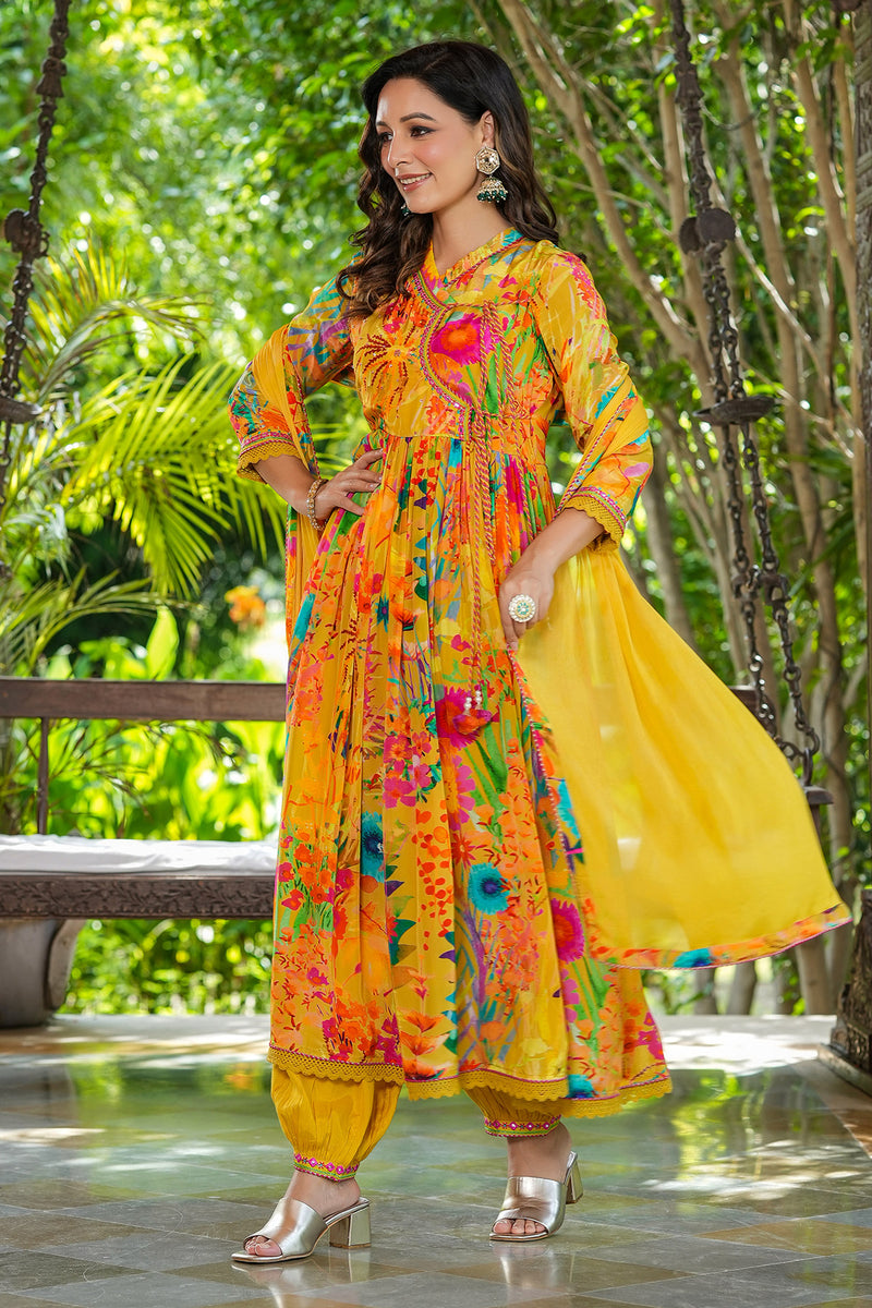 Haldi Yellow Printed Crepe Angrakha Anarkali Set