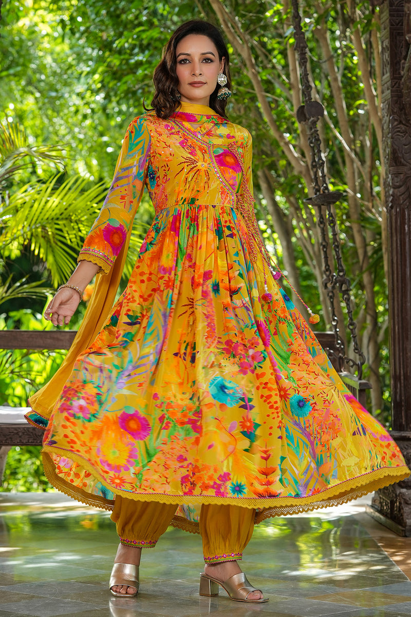 Haldi Yellow Printed Crepe Angrakha Anarkali Set