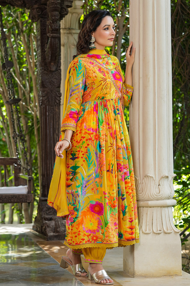 Haldi Yellow Printed Crepe Angrakha Anarkali Set