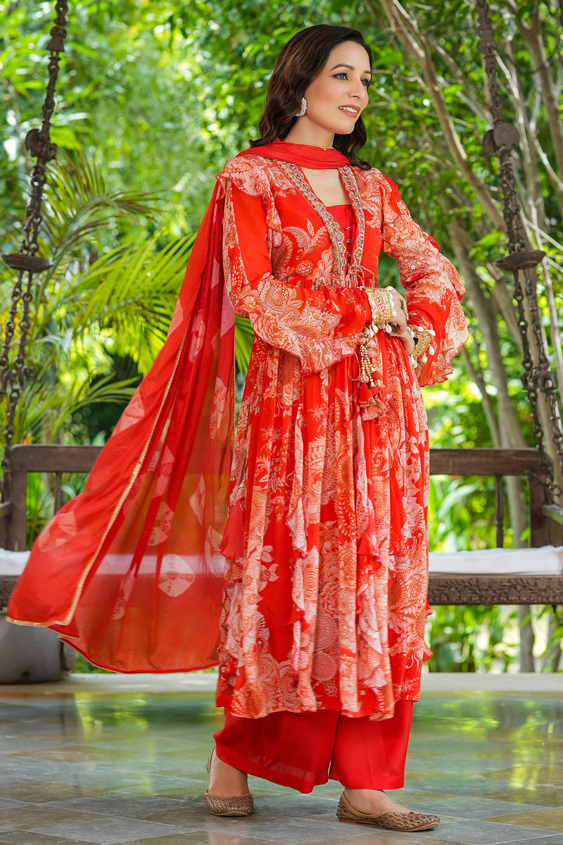 Red Floral Embroidered Chinon Anarkali Suit Set