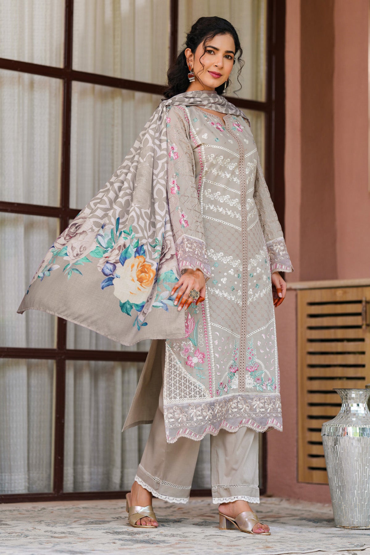 Grey Beige Cotton Embroidered Straight Suit Set With Dupatta