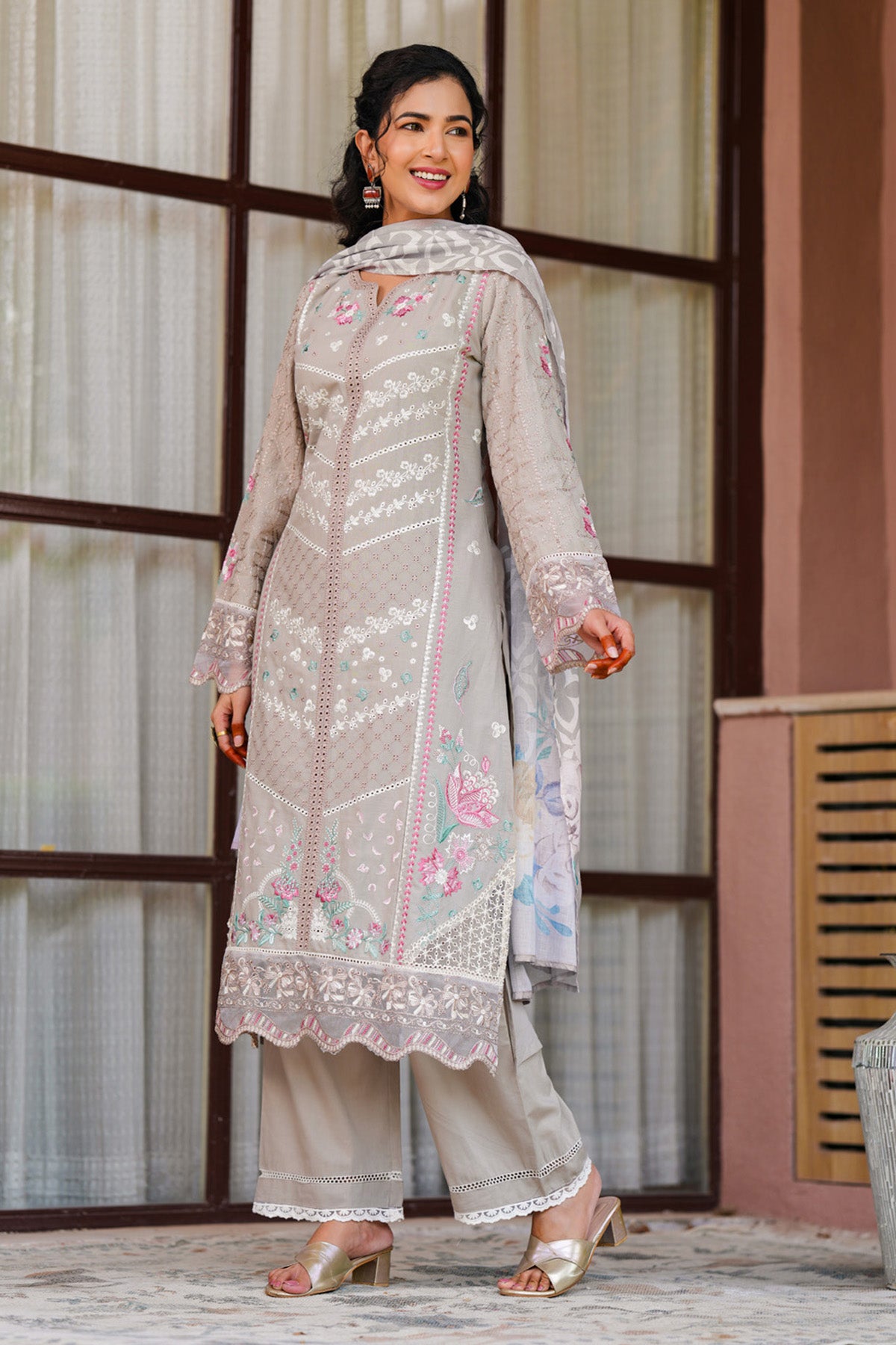 Grey Beige Cotton Embroidered Straight Suit Set With Dupatta