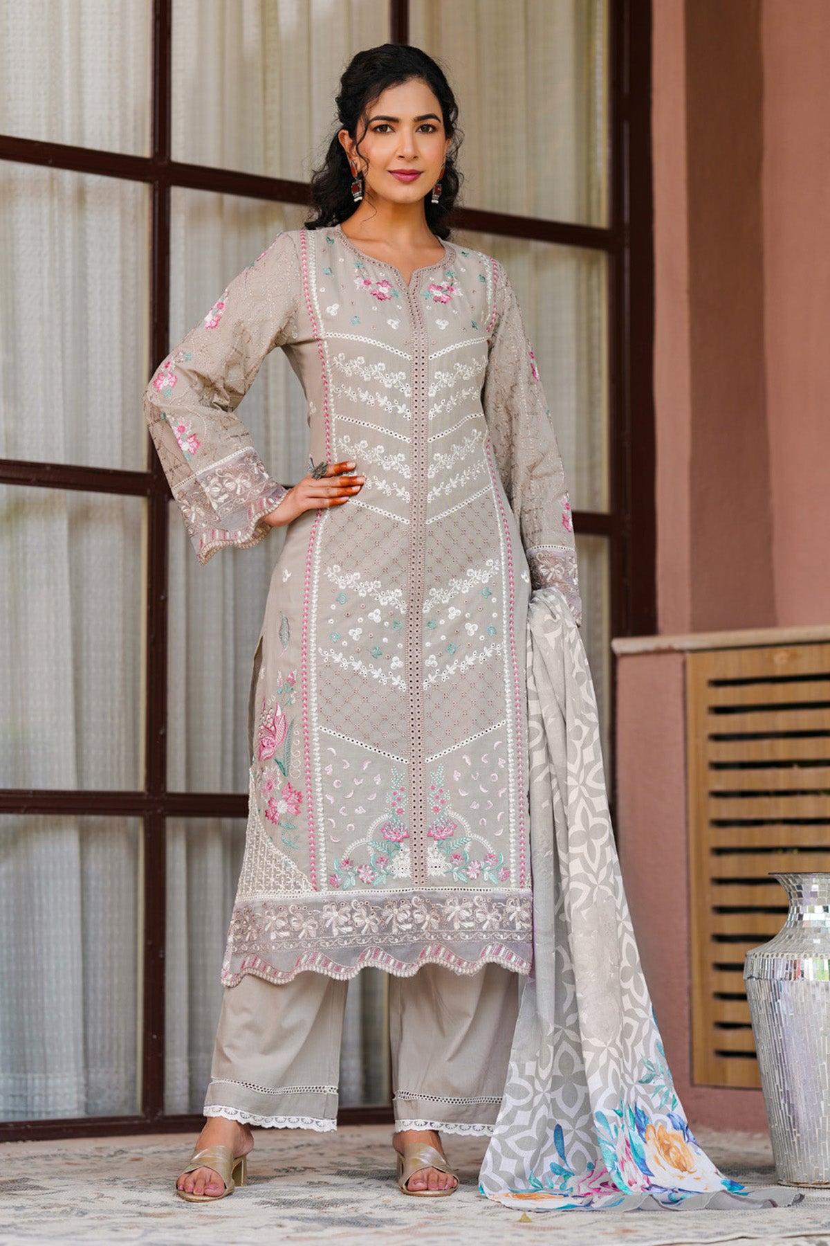 Grey Beige Cotton Embroidered Straight Suit Set With Dupatta