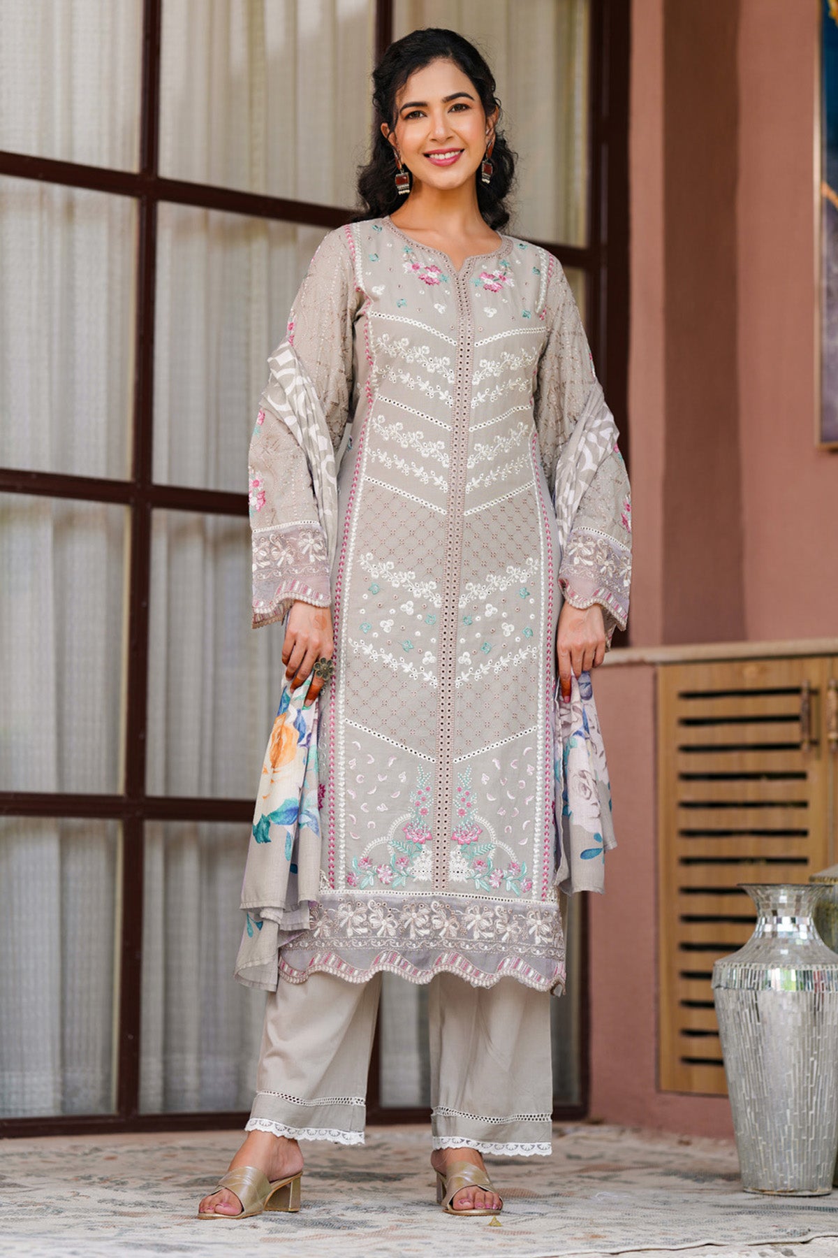Grey Beige Cotton Embroidered Straight Suit Set With Dupatta
