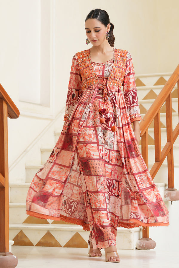 Peach Block Printed Front Open Muslin Shrug Style Suit Set