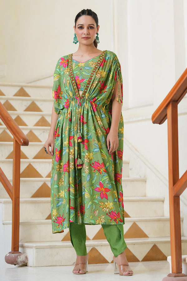 Green Muslin Handwork Blouse with Pants and Printed Shrug