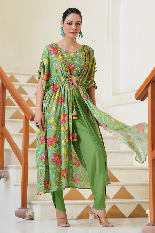 Green Muslin Handwork Blouse with Pants and Printed Shrug