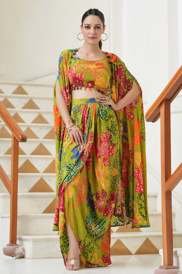 Green Crepe Handwork Blouse with Skirt and Printed Shrug