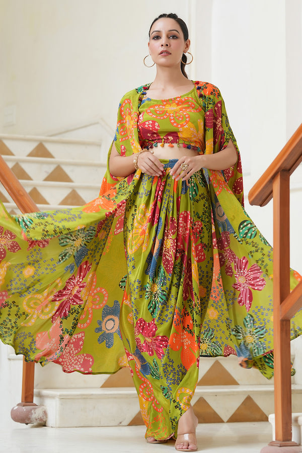 Green Crepe Handwork Blouse with Skirt and Printed Shrug