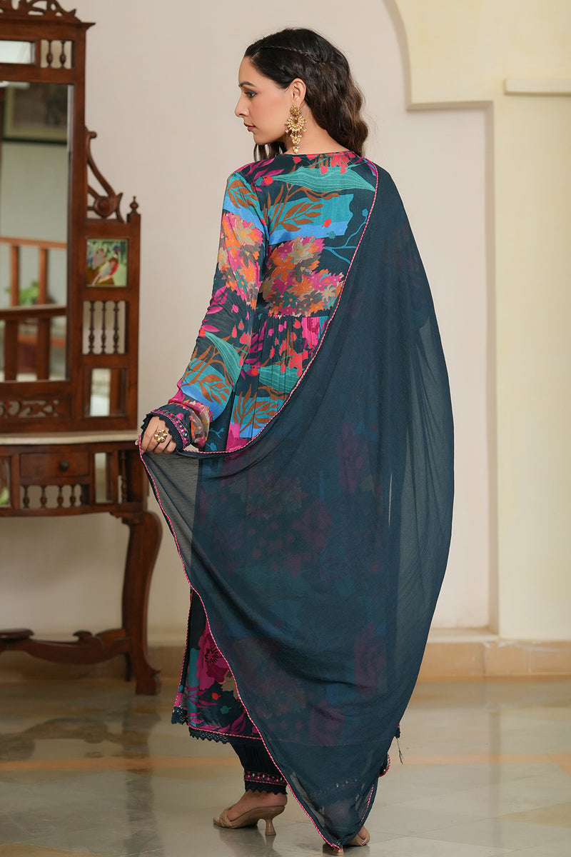 Dark Blue Chinon Embroidered Anarkali Suit Set