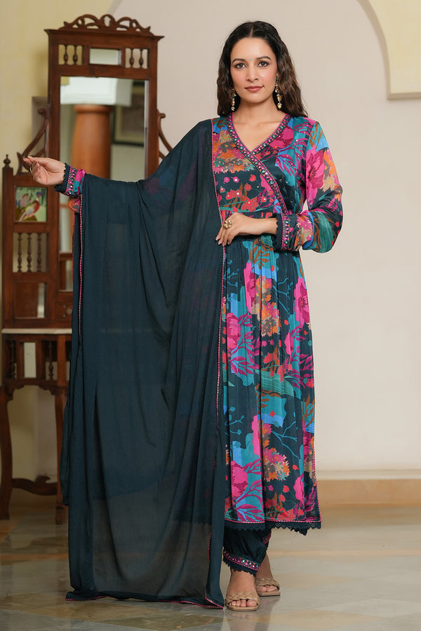 Dark Blue Chinon Embroidered Anarkali Suit Set