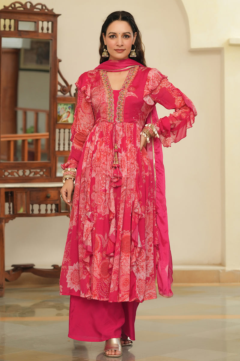 Pink Floral Embroidered Chinon Anarkali Suit Set