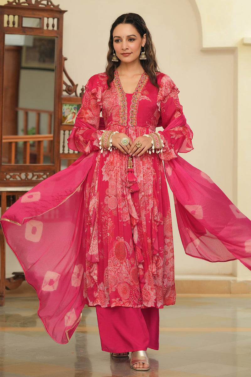 Pink Floral Embroidered Chinon Anarkali Suit Set