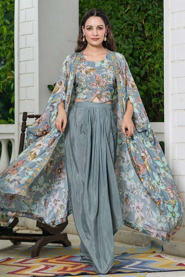 Rich Grey Muslin Handwork Embellished Blouse with Solid Skirt and Printed Shrug