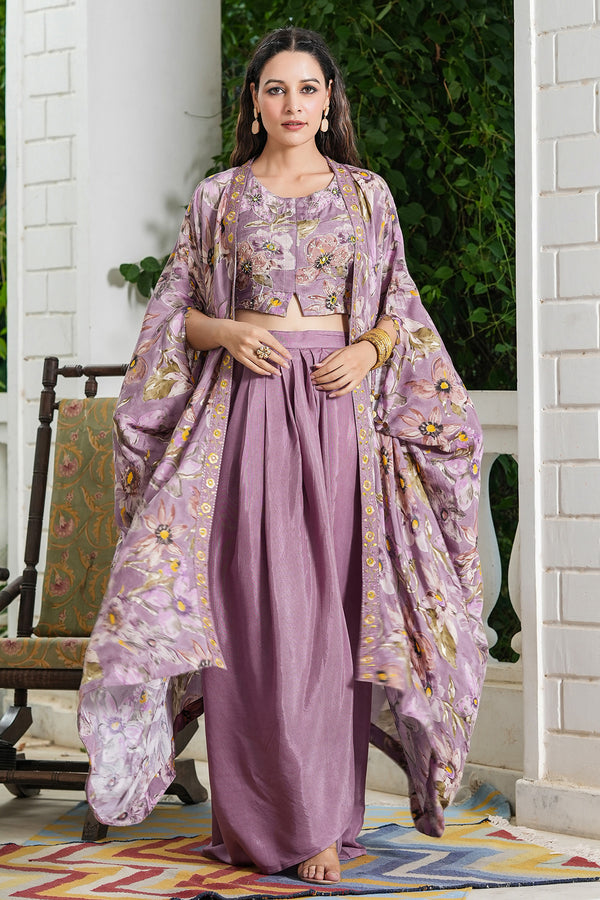 Rich Lavender Muslin Handwork Embellished Blouse with Solid Skirt and Printed Shrug