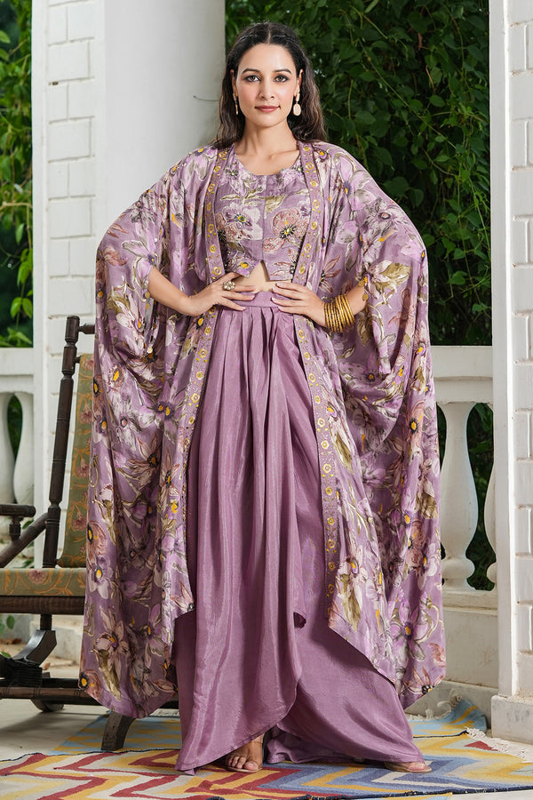 Rich Lavender Muslin Handwork Embellished Blouse with Solid Skirt and Printed Shrug