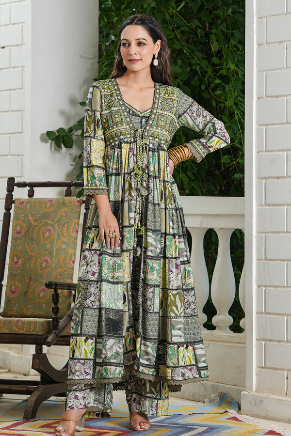 Green Block Printed Front Open Muslin Shrug Style Suit Set
