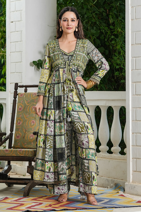 Green Block Printed Front Open Muslin Shrug Style Suit Set
