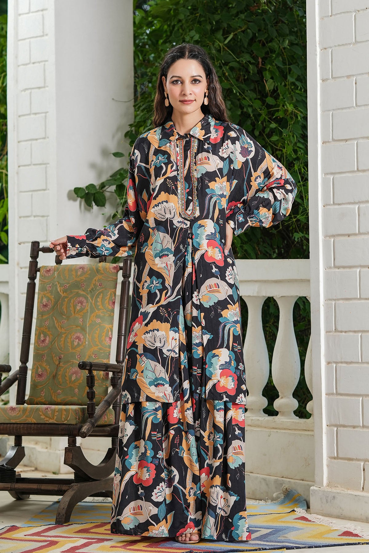 Black Floral Muslin Handwork Co-ord Set