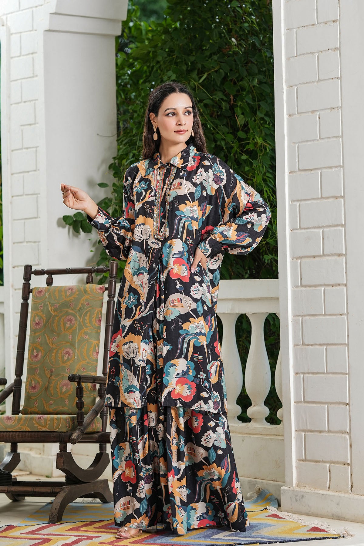 Black Floral Muslin Handwork Co-ord Set