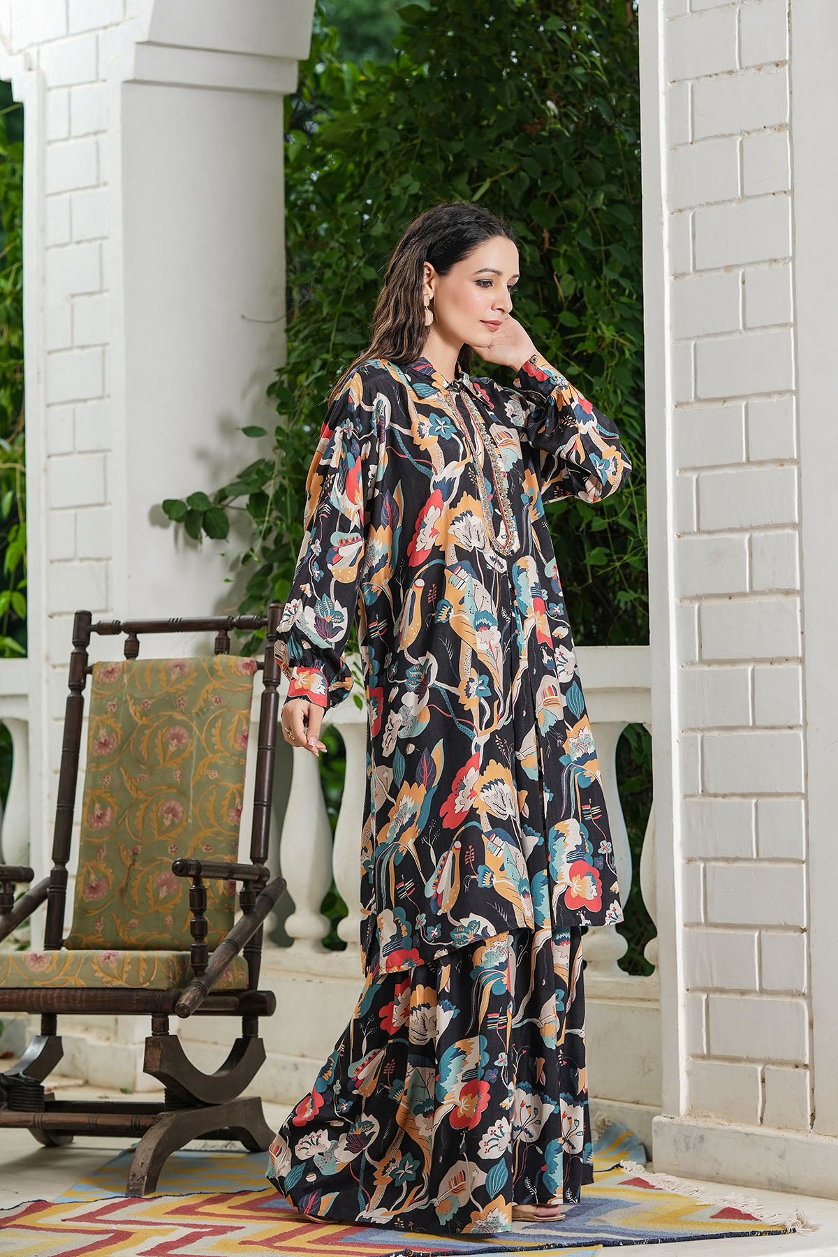 Black Floral Muslin Handwork Co-ord Set