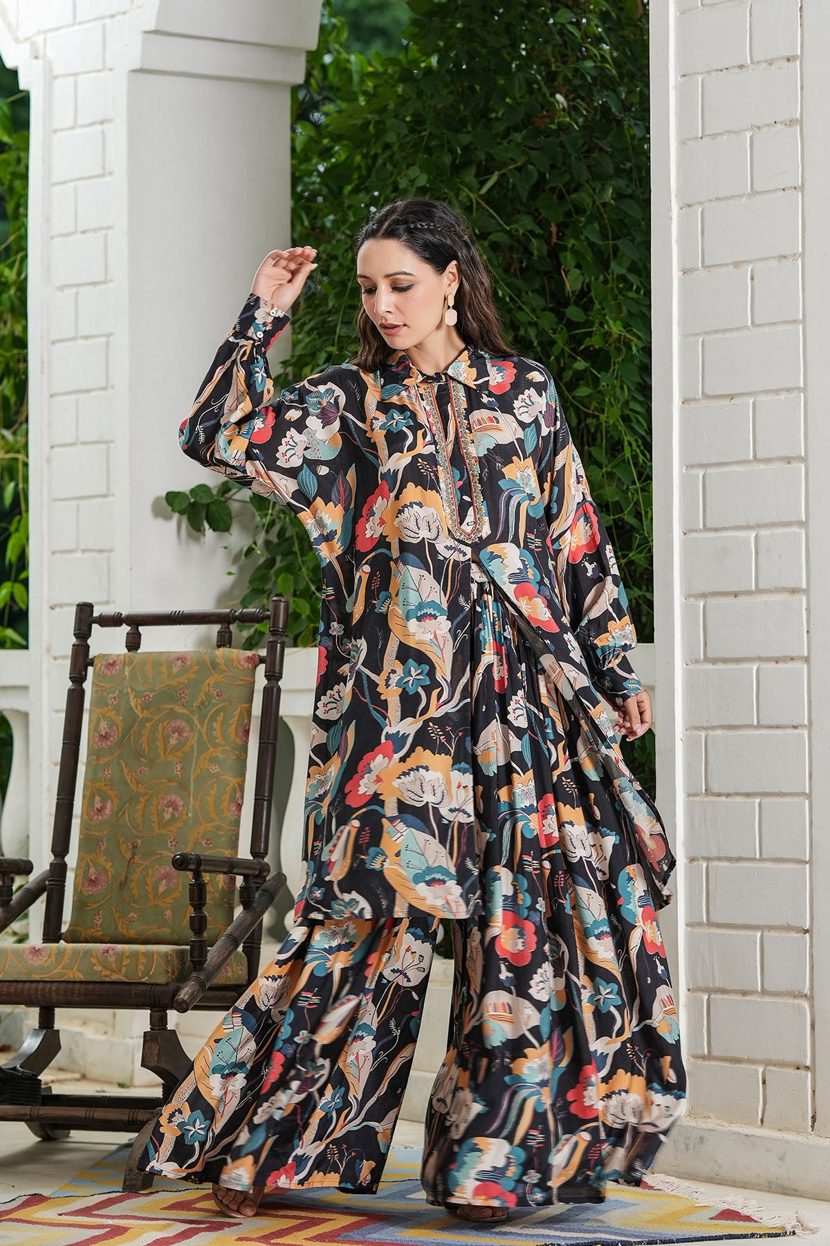 Black Floral Muslin Handwork Co-ord Set