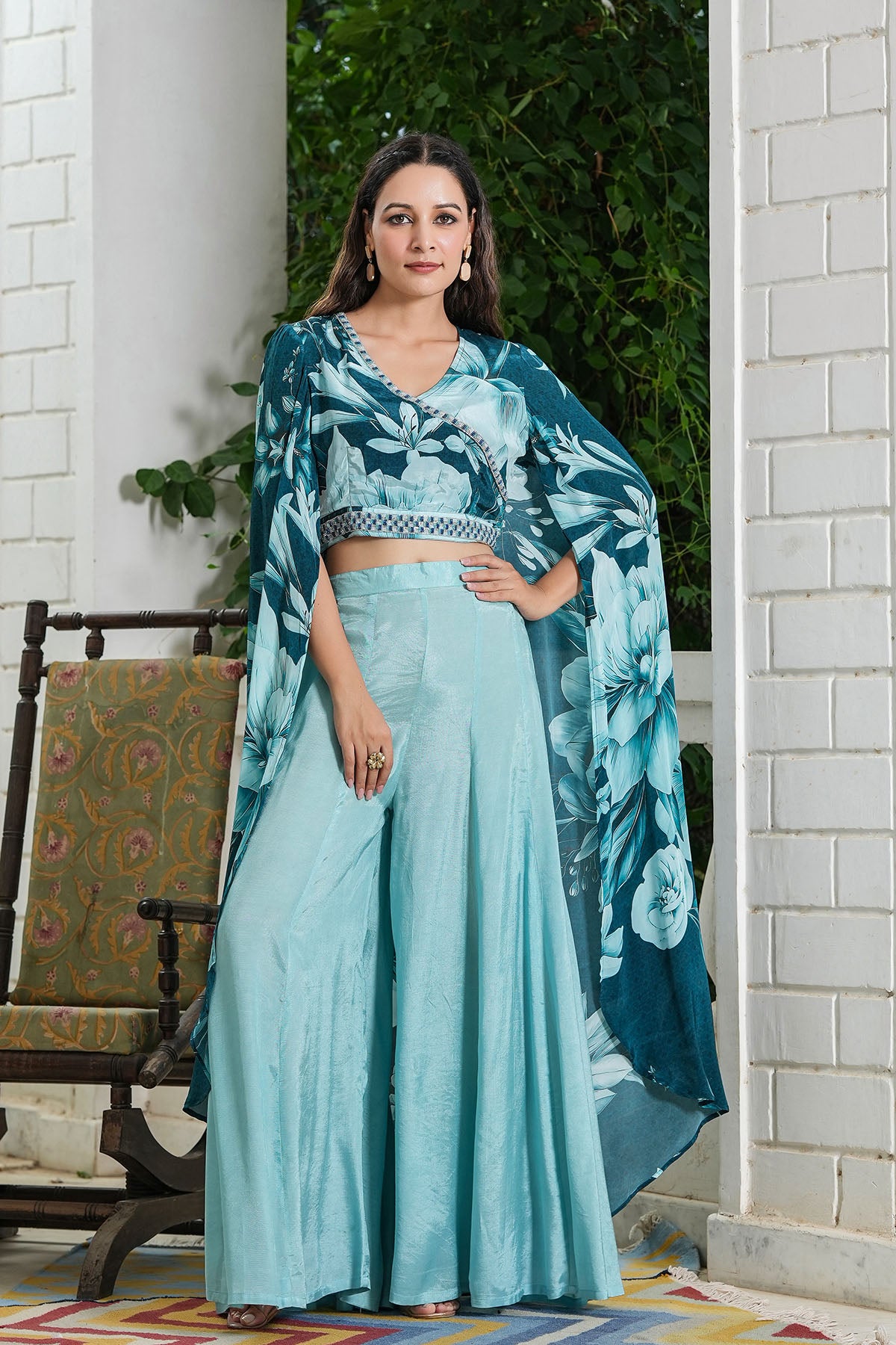 Blue Multicolour Viscose Crepe Handwork Shrug Set