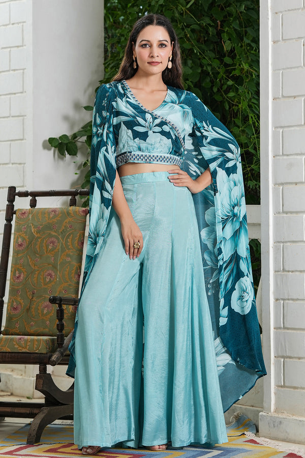 Ocean Turquoise Crepe Handwork Embellished Blouse with Solid Skirt and Printed Shrug