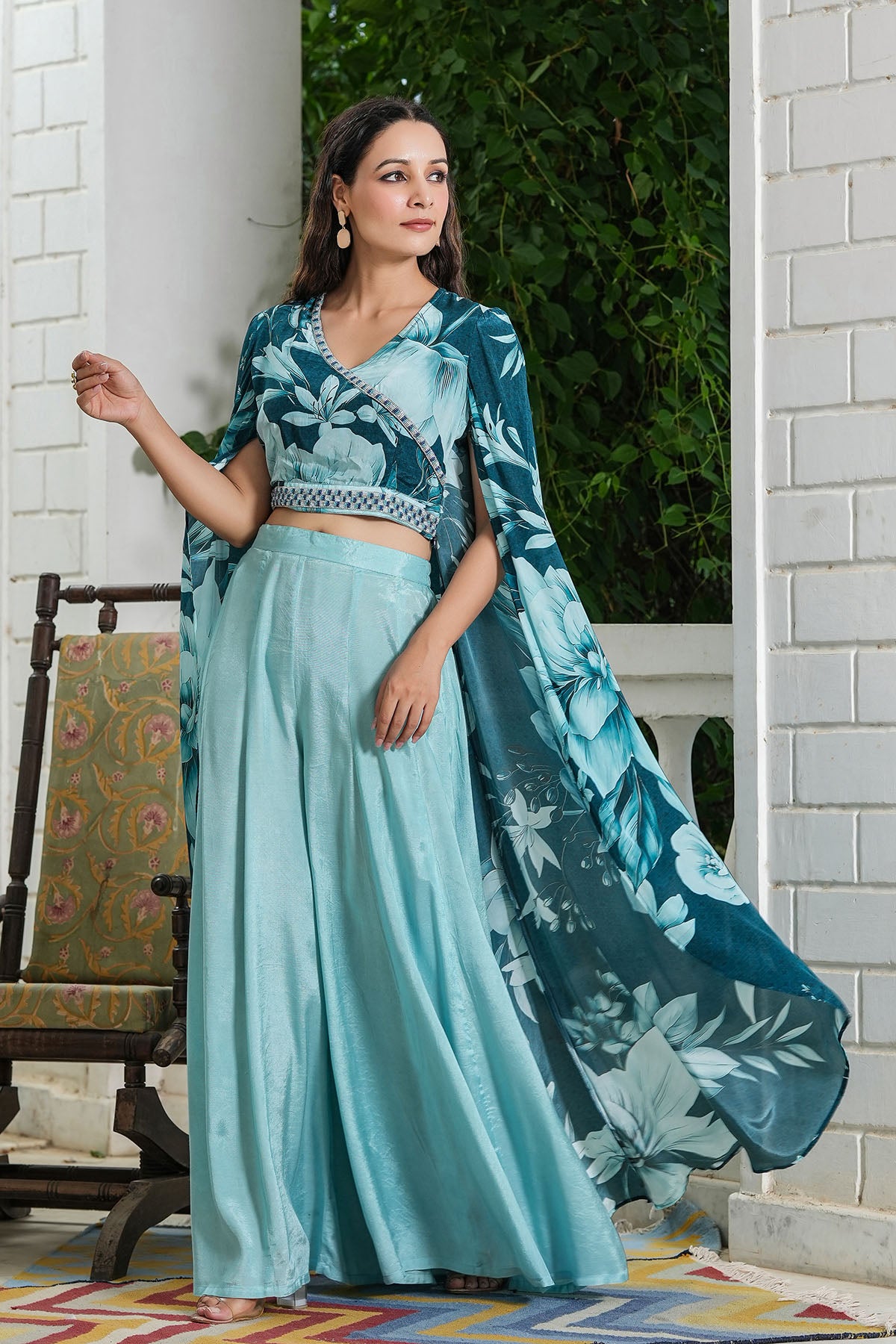 Blue Multicolour Viscose Crepe Handwork Shrug Set