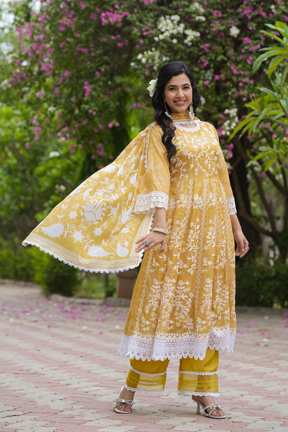 Yellow Floral Tabby Embroidered Anarkali Suit