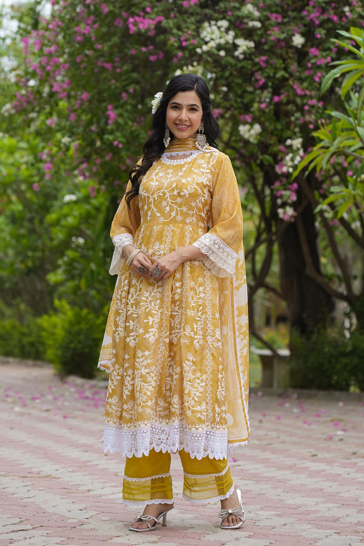 Yellow Floral Tabby Embroidered Anarkali Suit