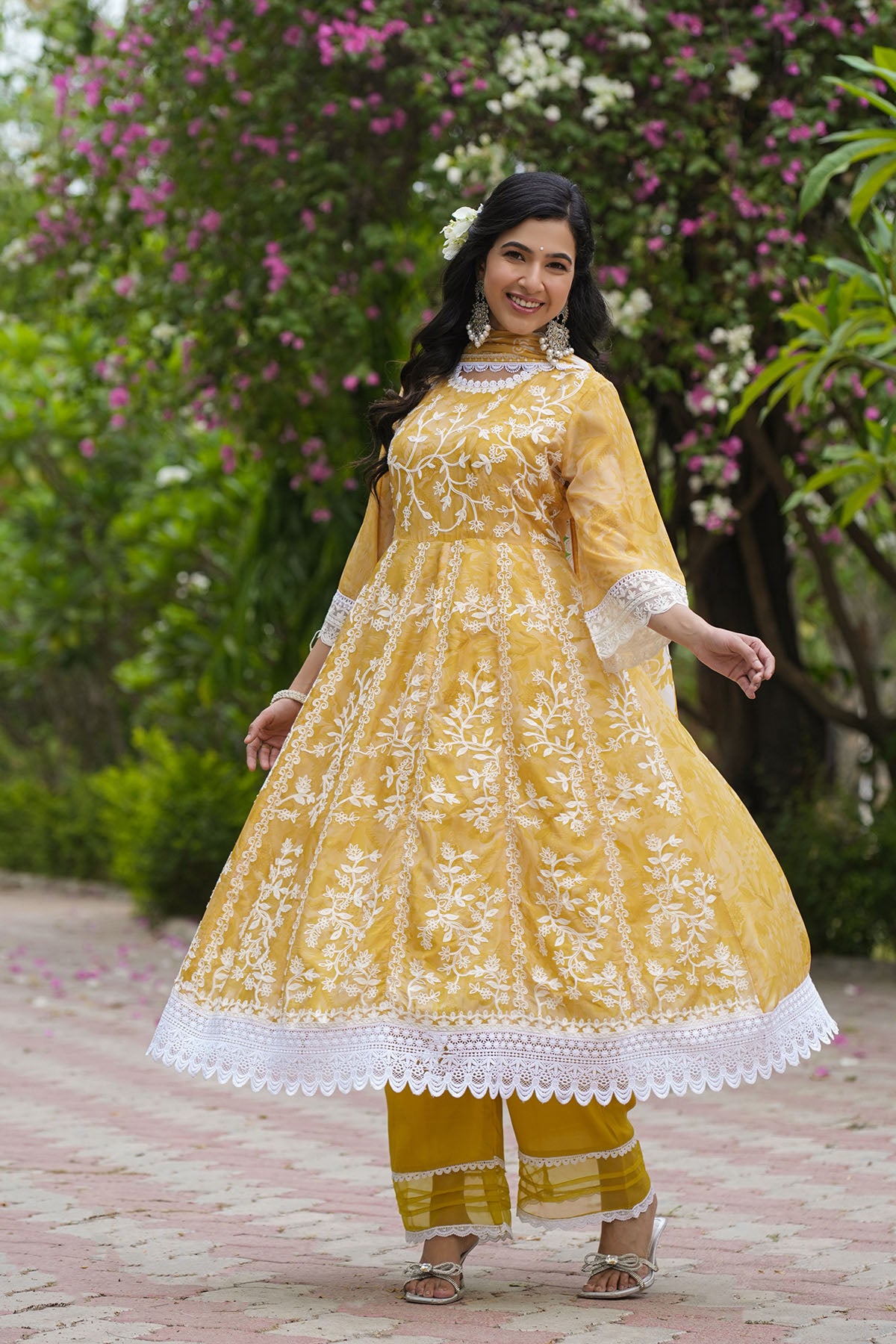 Yellow Floral Tabby Embroidered Anarkali Suit