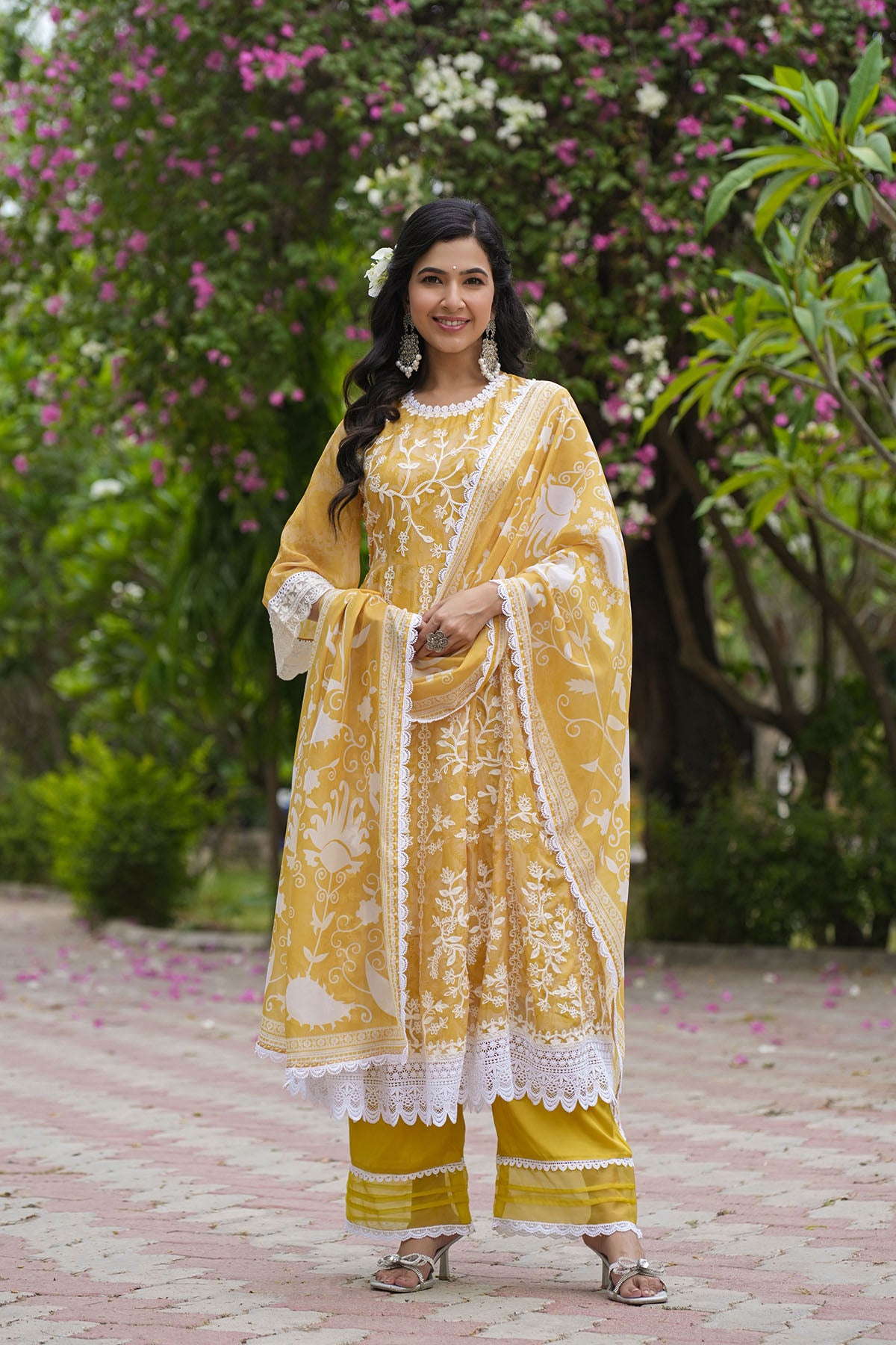 Yellow Floral Tabby Embroidered Anarkali Suit