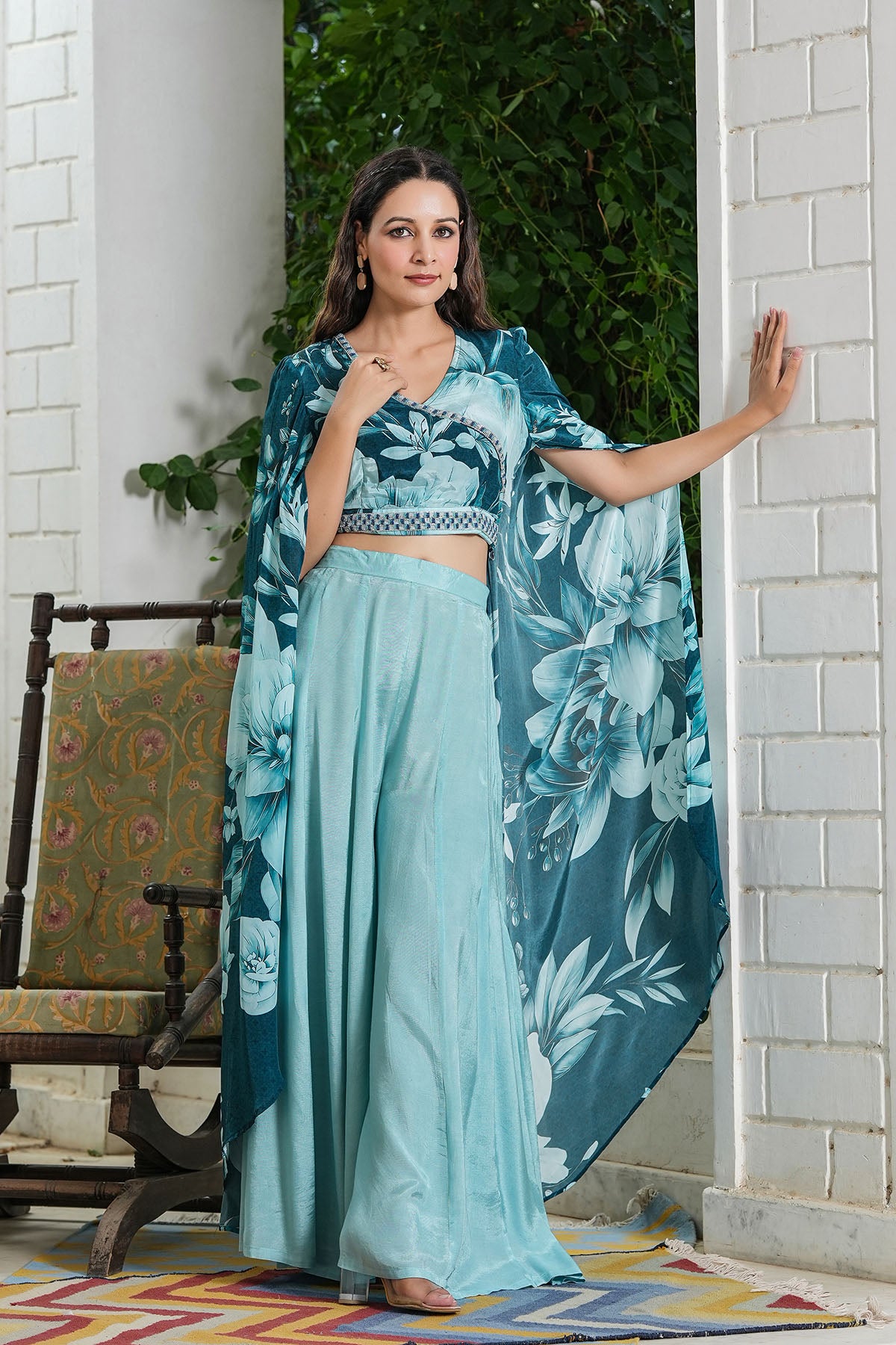 Blue Multicolour Viscose Crepe Handwork Shrug Set