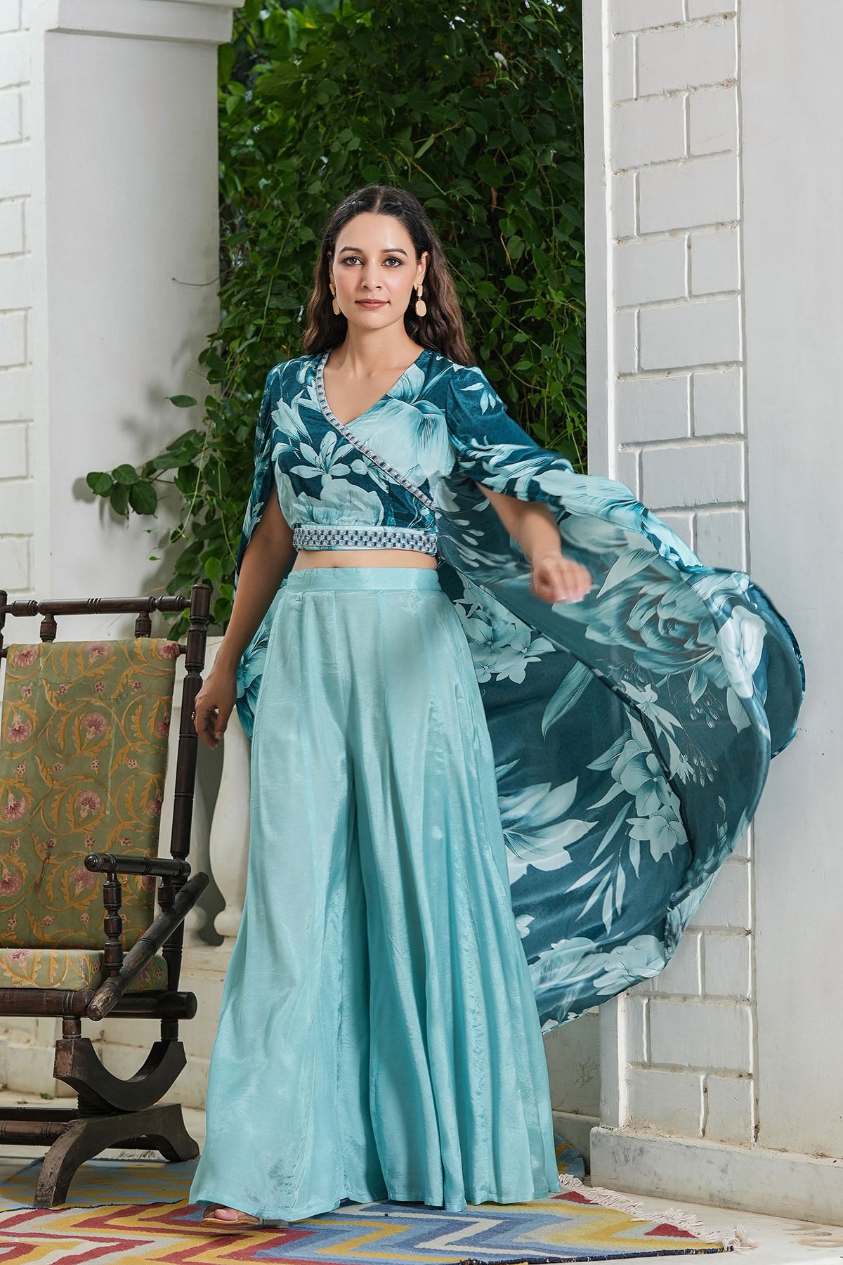 Blue Multicolour Viscose Crepe Handwork Shrug Set