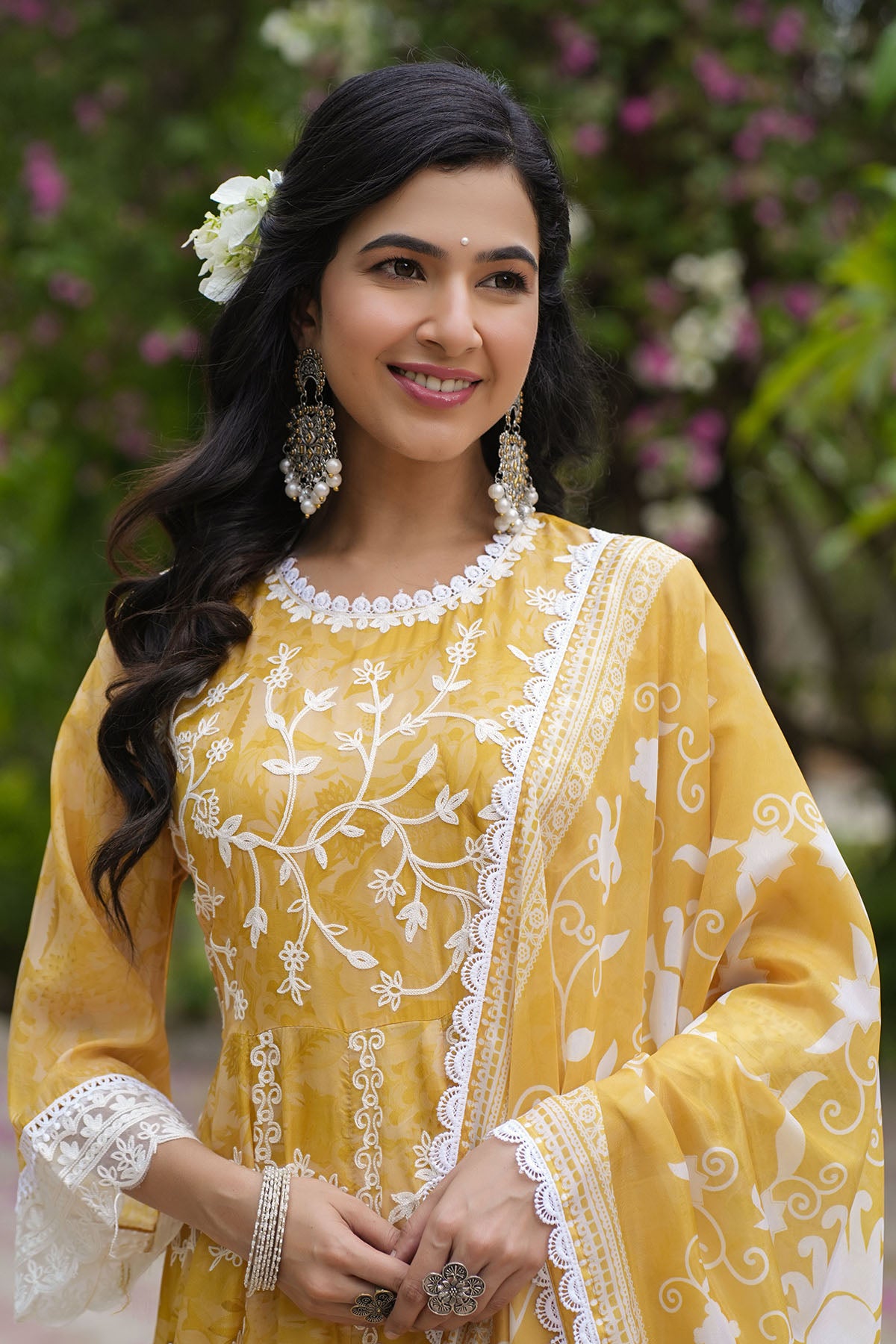 Yellow Floral Tabby Embroidered Anarkali Suit