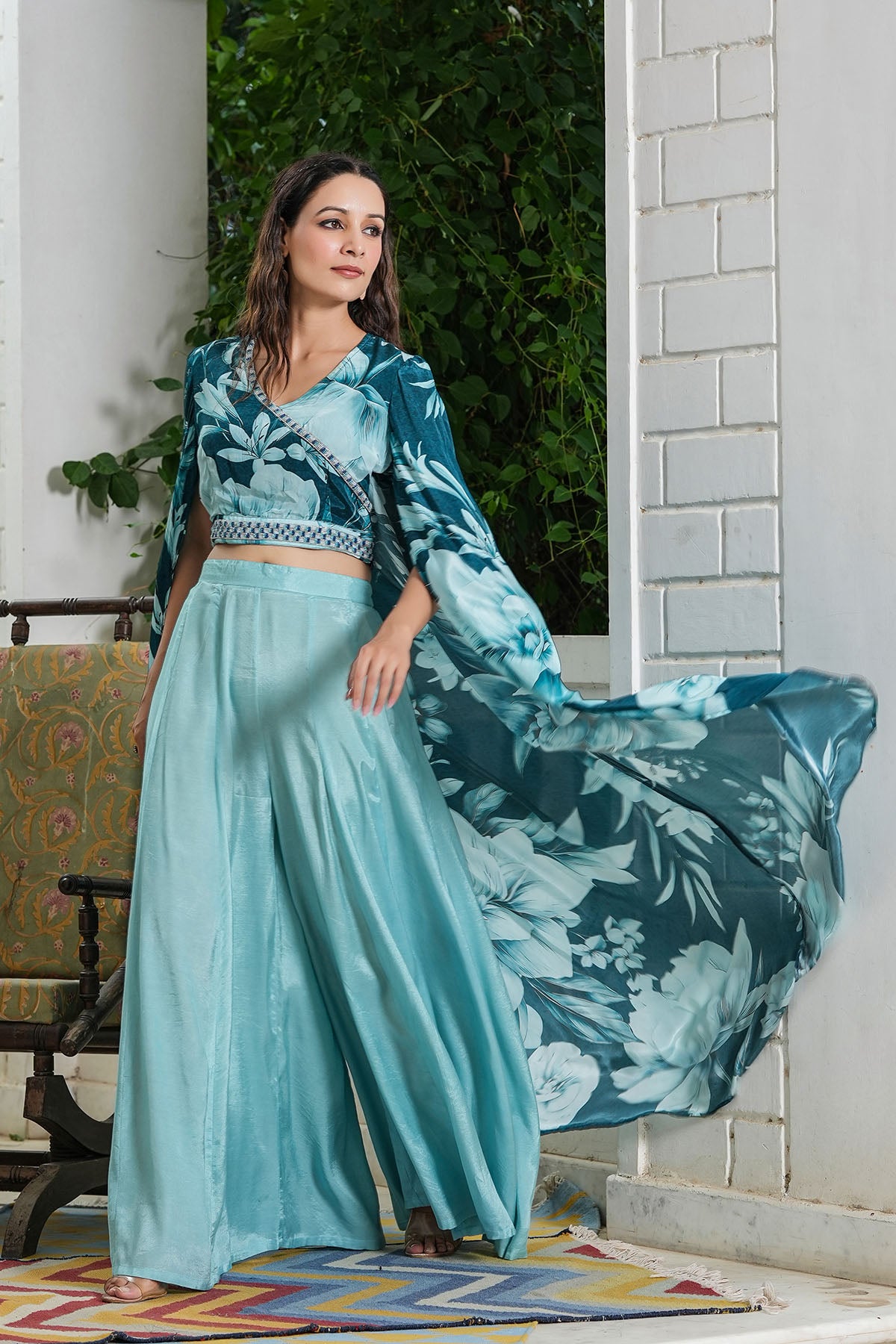Blue Multicolour Viscose Crepe Handwork Shrug Set
