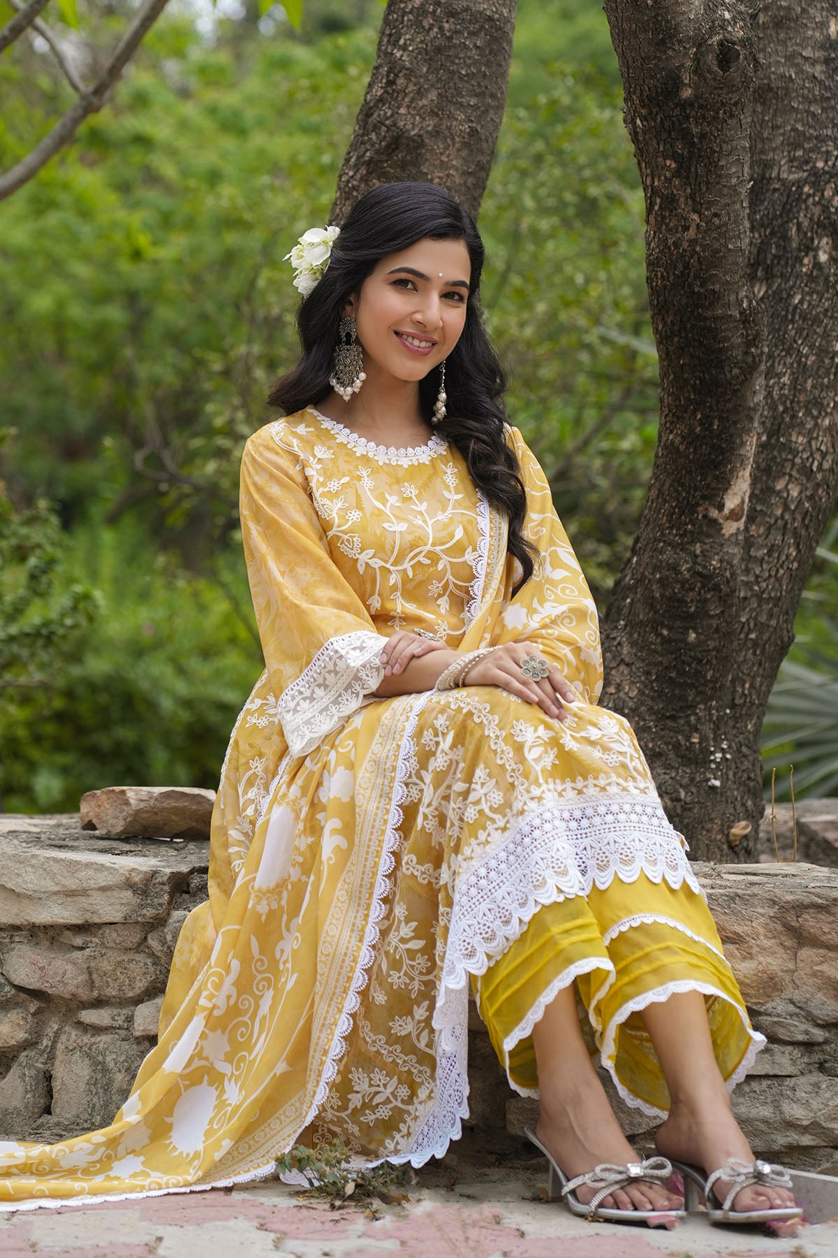 Yellow Floral Tabby Embroidered Anarkali Suit