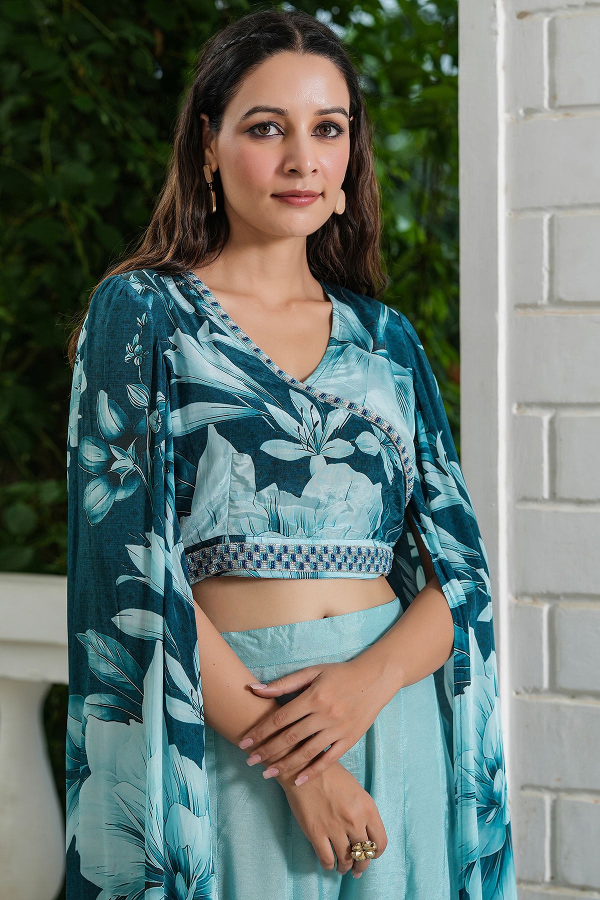 Blue Multicolour Viscose Crepe Handwork Shrug Set