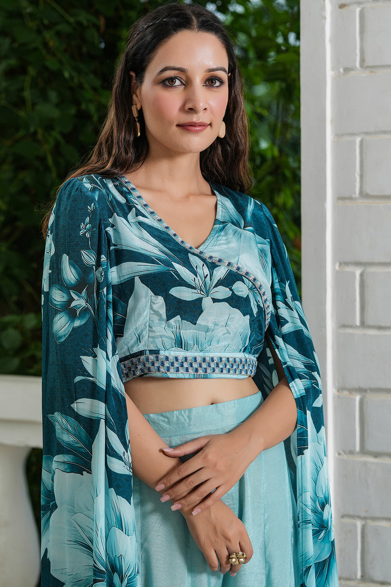 Ocean Turquoise Crepe Handwork Embellished Blouse with Solid Skirt and Printed Shrug