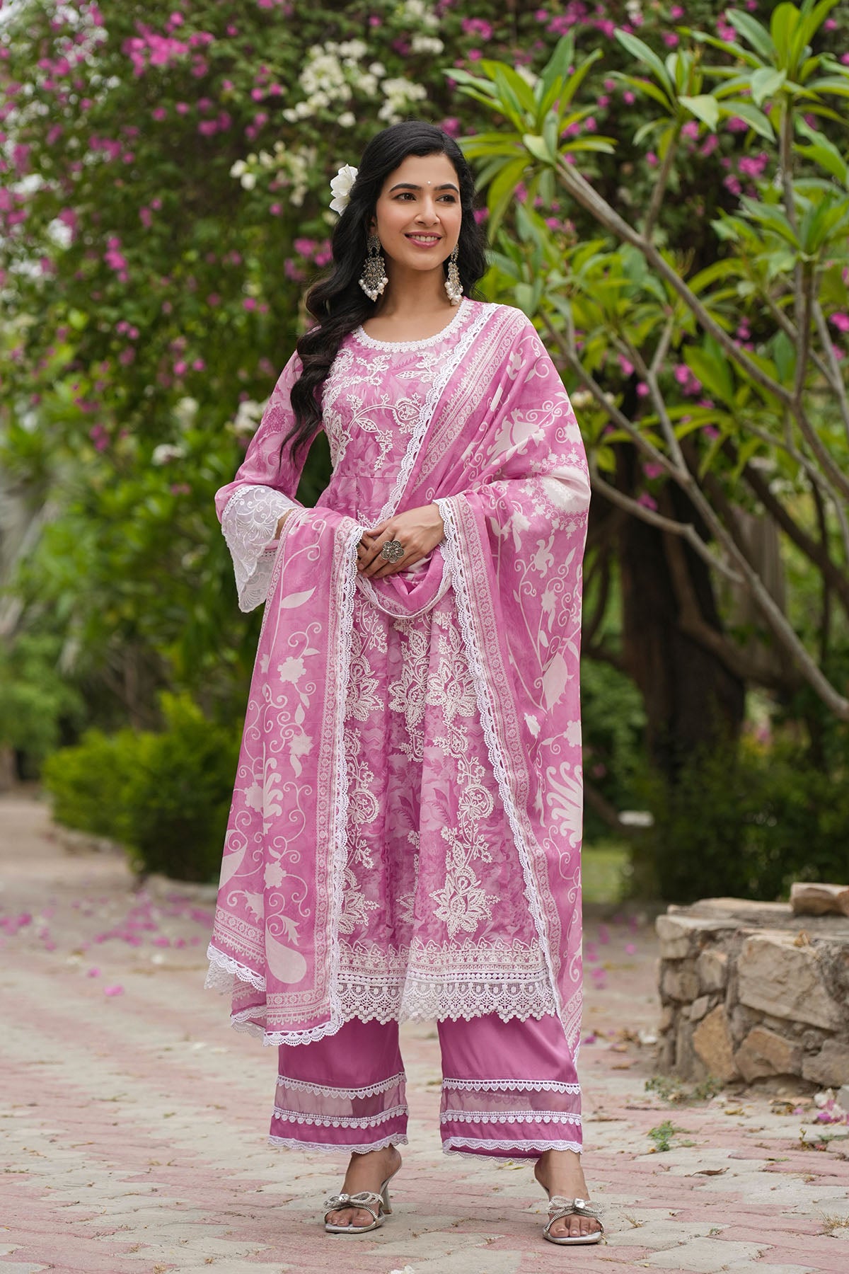 Pink Floral Tabby Embroidered Anarkali Suit