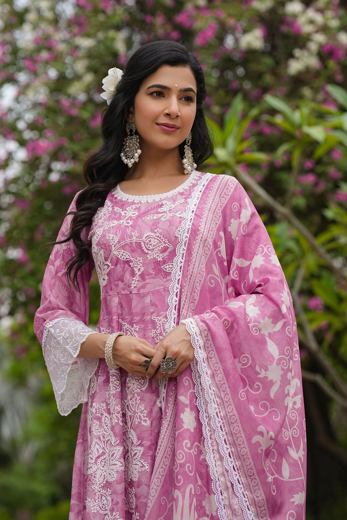 Pink Floral Tabby Embroidered Anarkali Suit