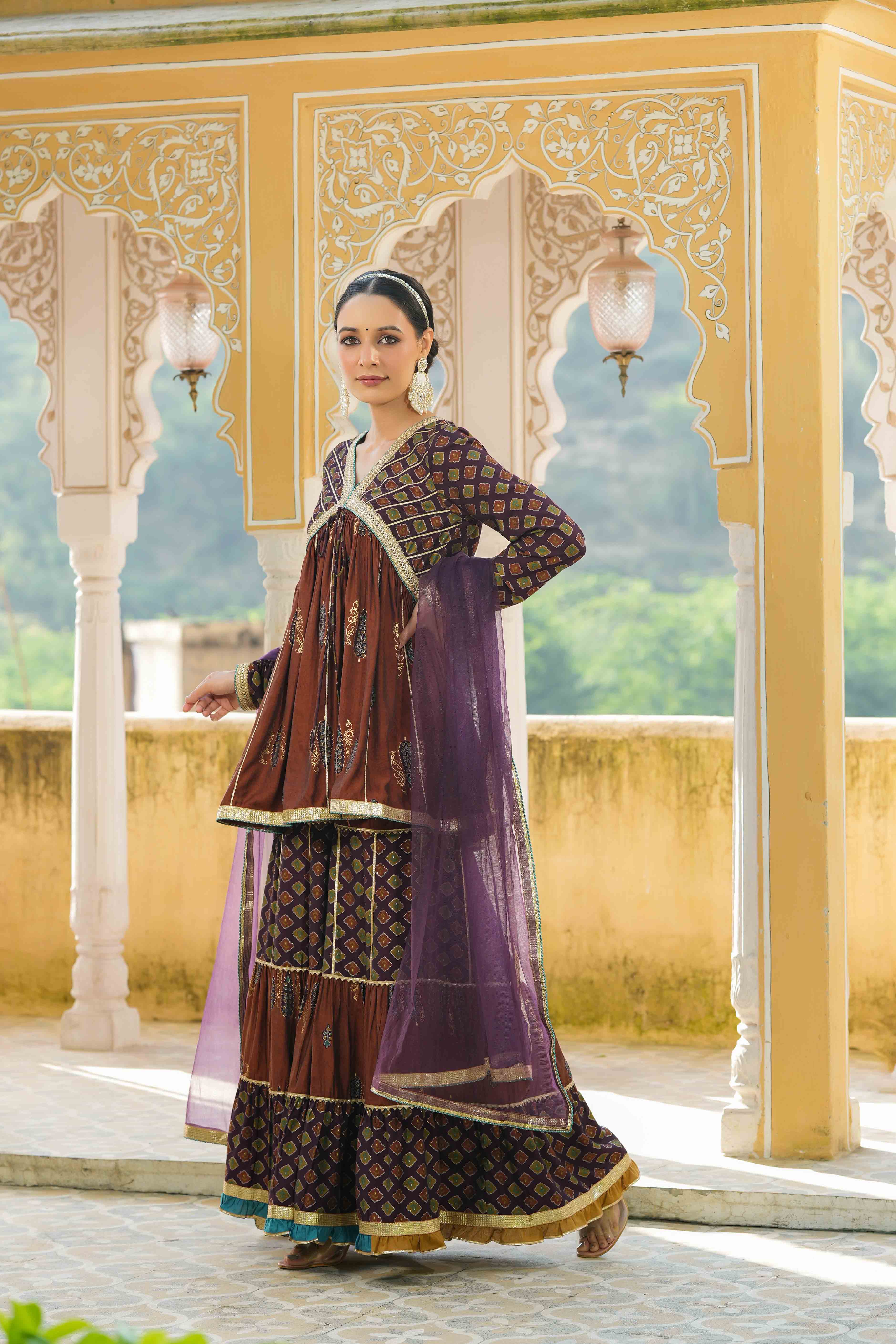 Brown Muslin Gotapatti Sharara Set