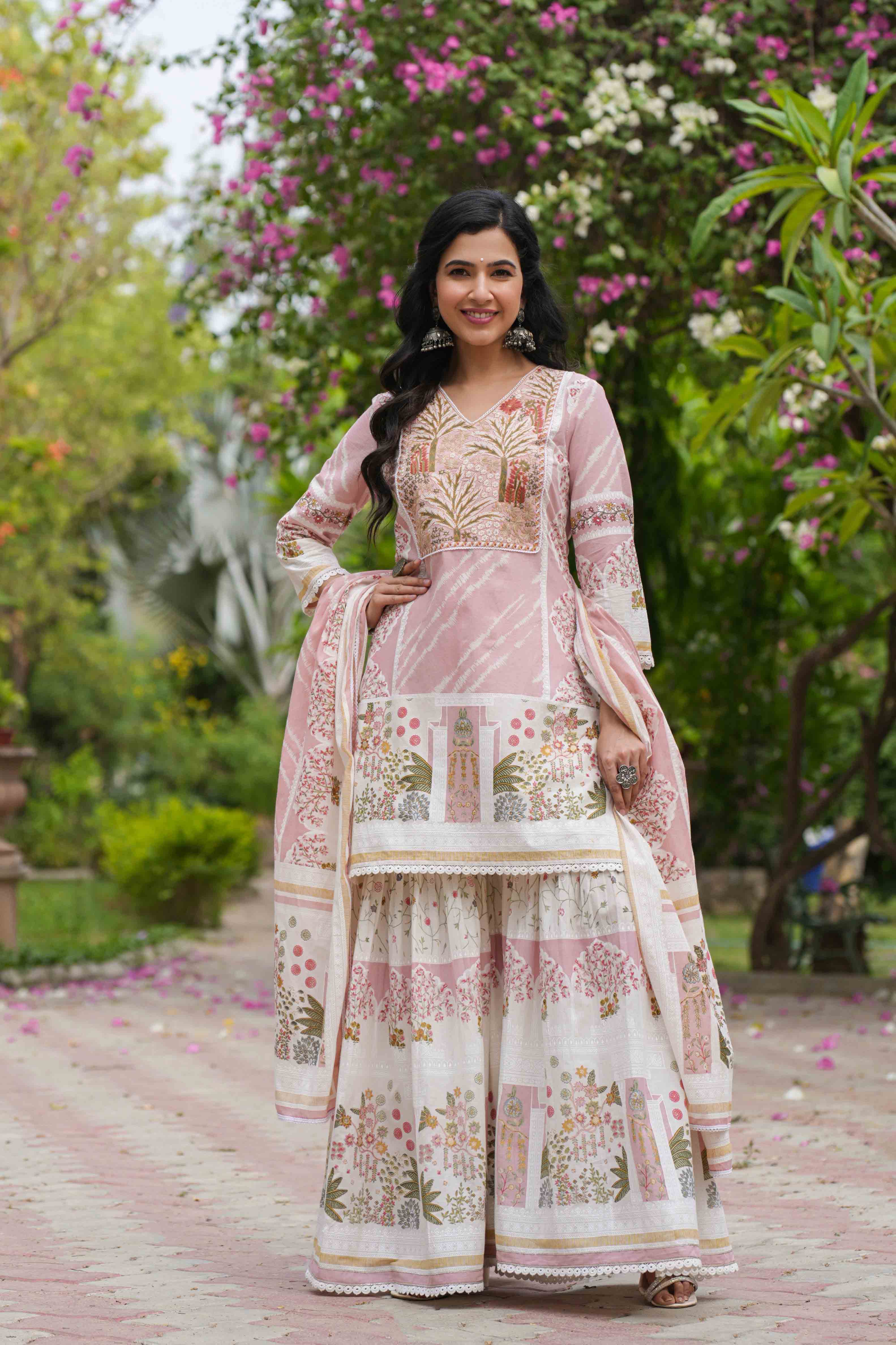 Pink Cotton Printed Sharara Set