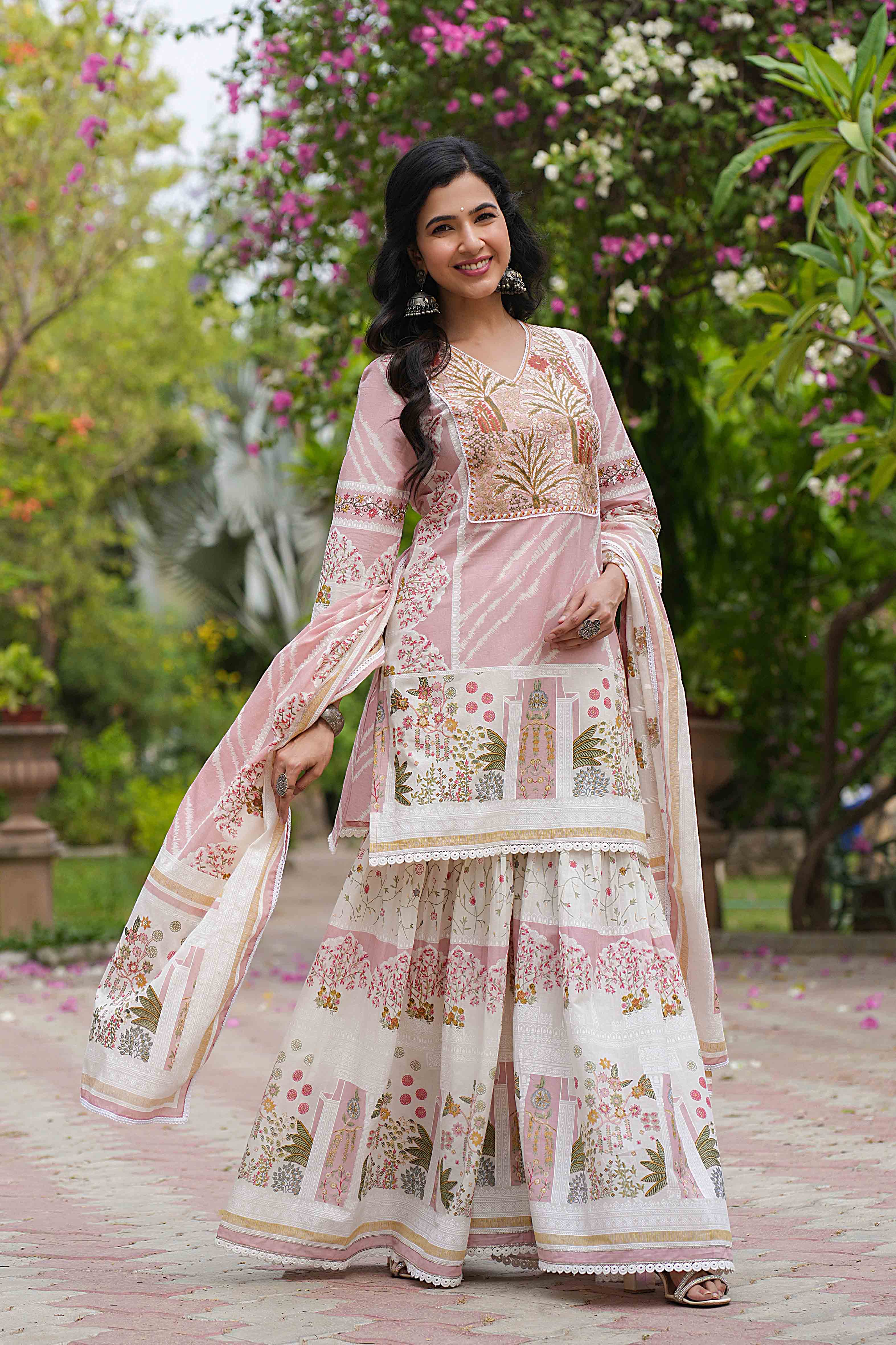 Pink Cotton Printed Sharara Set